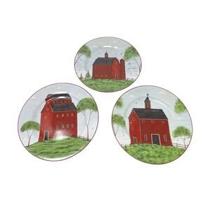 Warren Kimble Red BARNS 1998 Salad Dessert Plates 8" Set of 3 Vintage Sakura